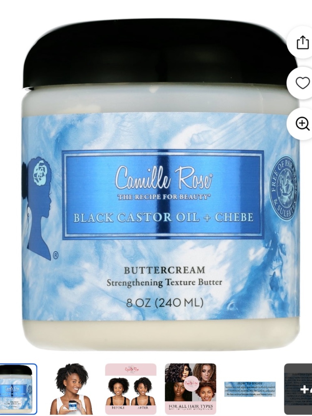 Camille Rose 8oz Black Castor Oil+Chebe Butter Cream Strengthening Texture Butte